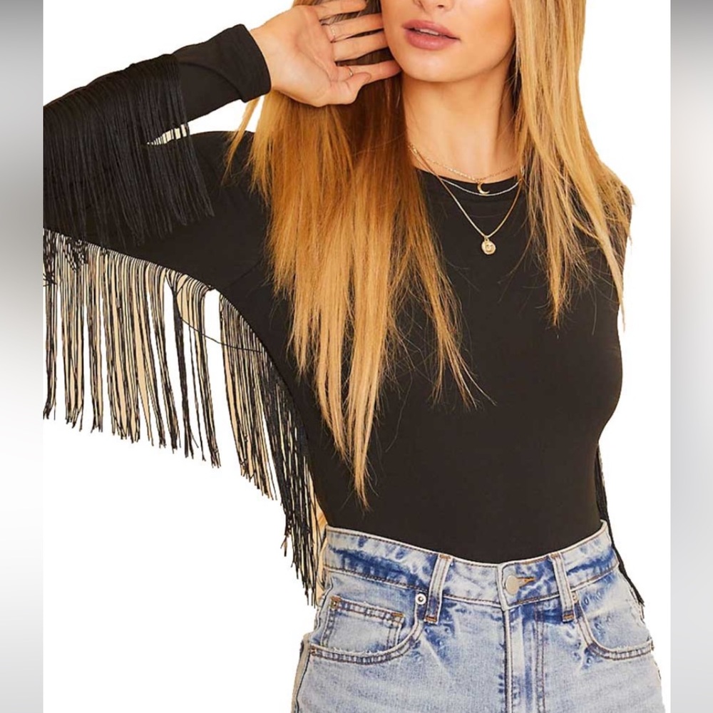 12th Tribe Black Fringe Long-Sleeve Bodysuit